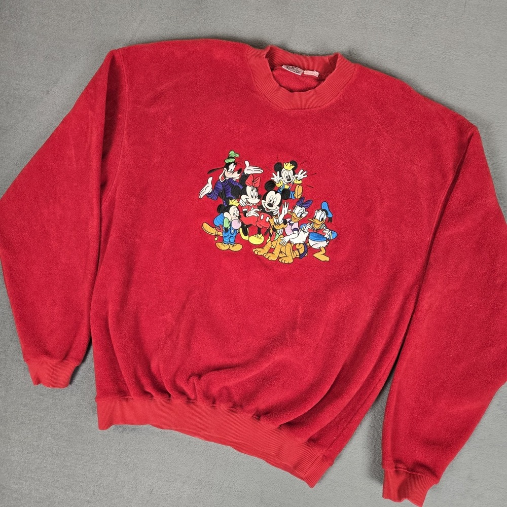 VTG Disney Store Sweatshirt Men Large Crew Neck Embroidered Character Red Fleece